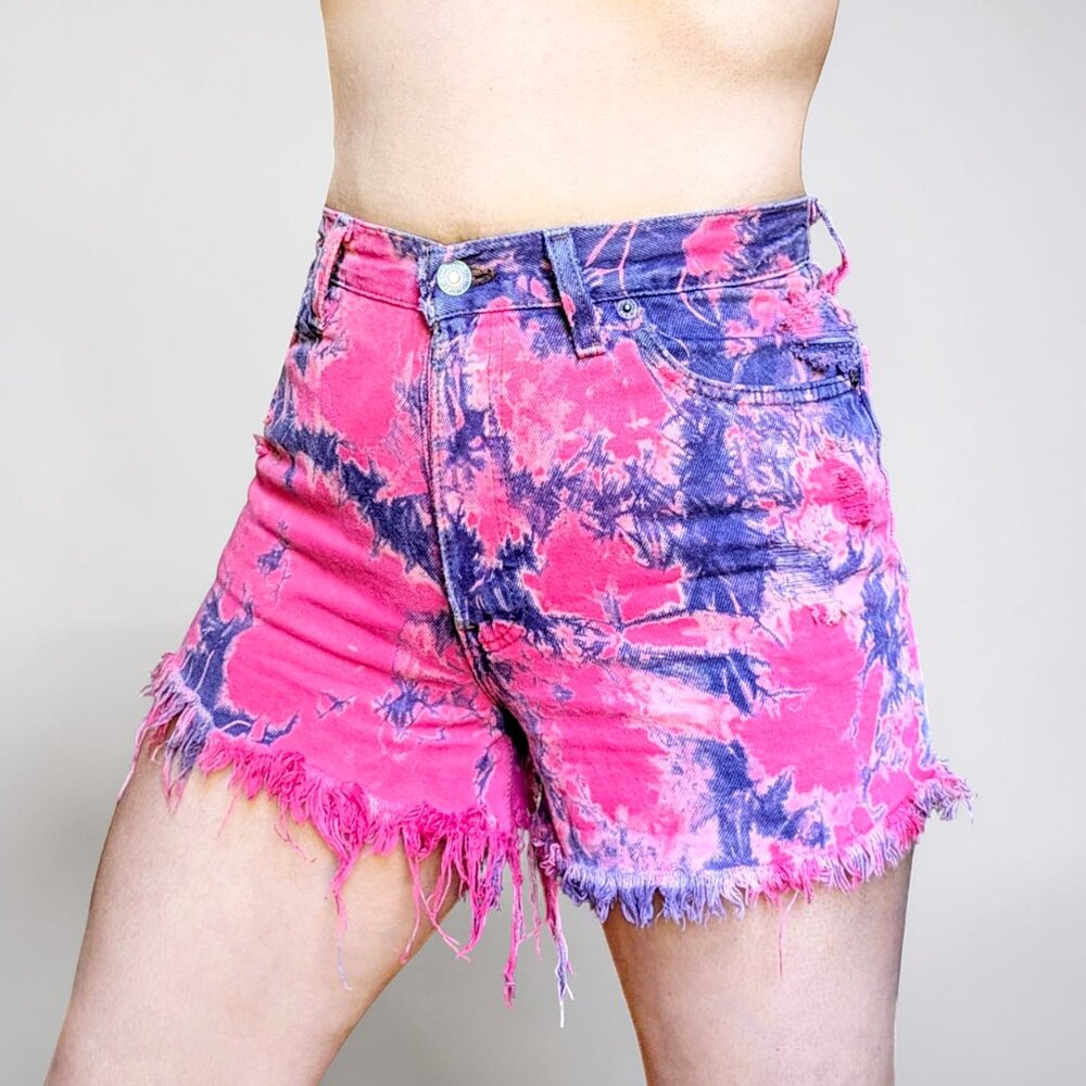 Levis rare vtg 90s USA made OOAK tie dye upcycle reworked high rise denim shorts